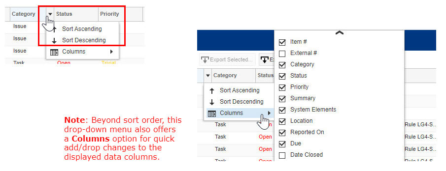 Sort Column Drop-Down Menu Annotated