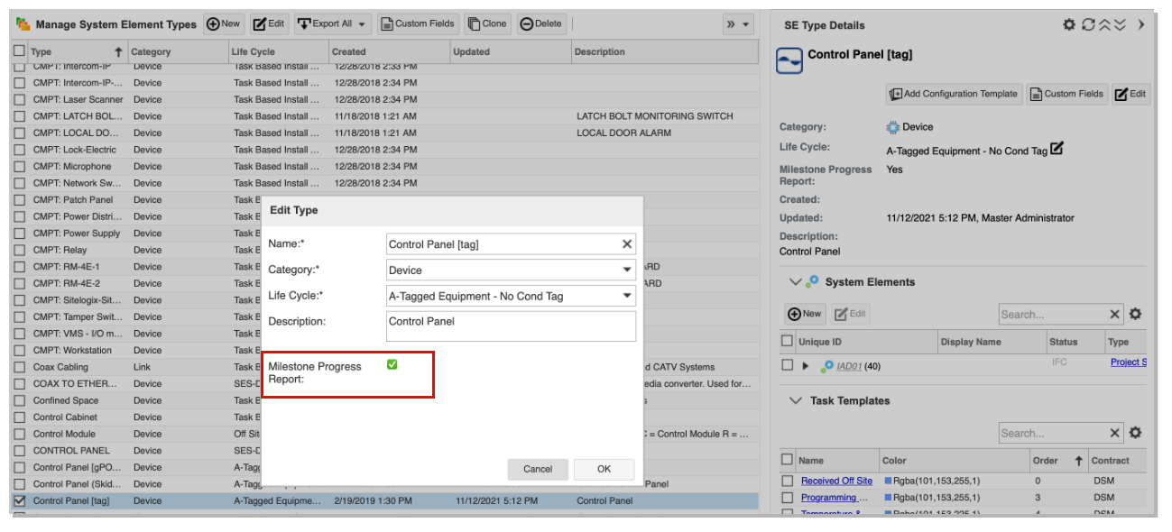 SE Type Config for Milestone Progress Report