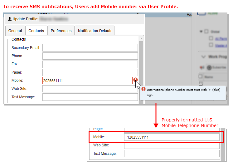 User Profile Mobile Number Format